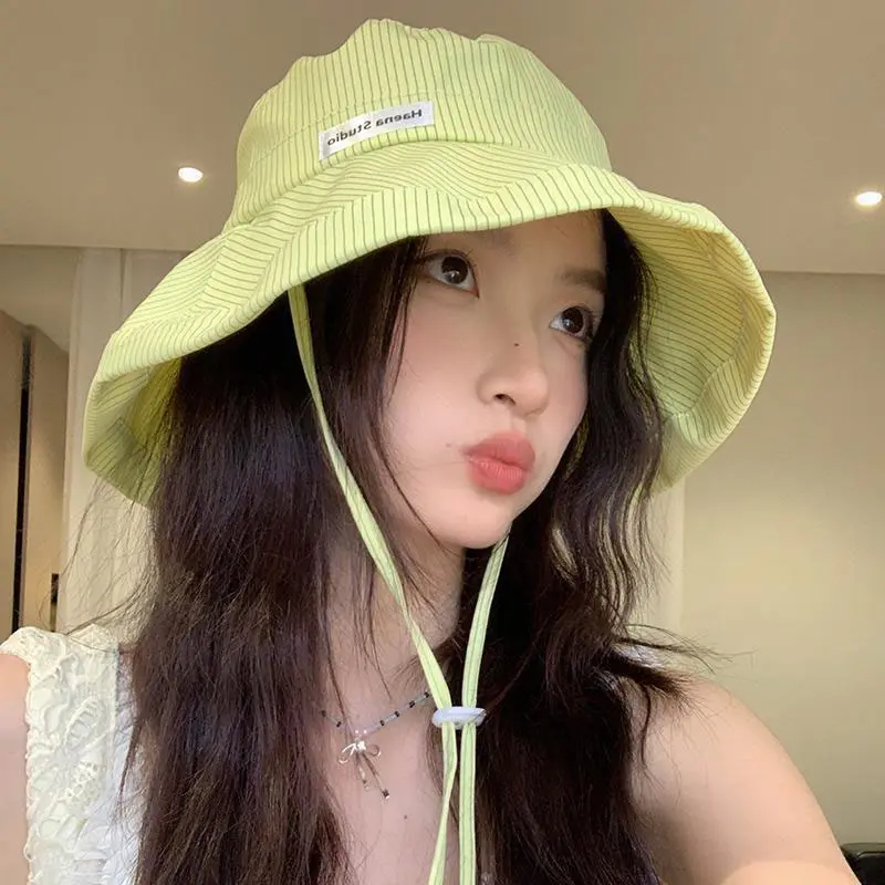 Korean Stripe Fisherman Caps for Women new Spring Summer Wide Brim Sunscreen Bucket Hats Candy Color Girl Panama Sun Hats
