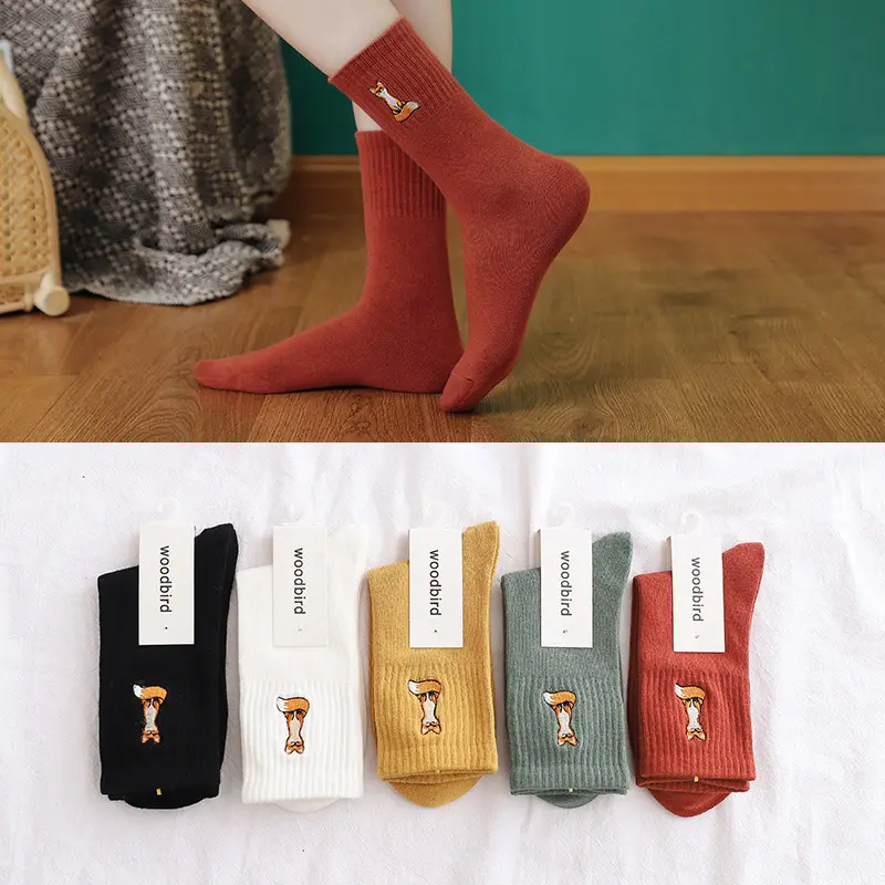 Winter Women Socks Solid Color Cute Cartoon Fox Embroidery Soft Cotton Middle Tube Socks for Ladies Girls Warm Floor Socks