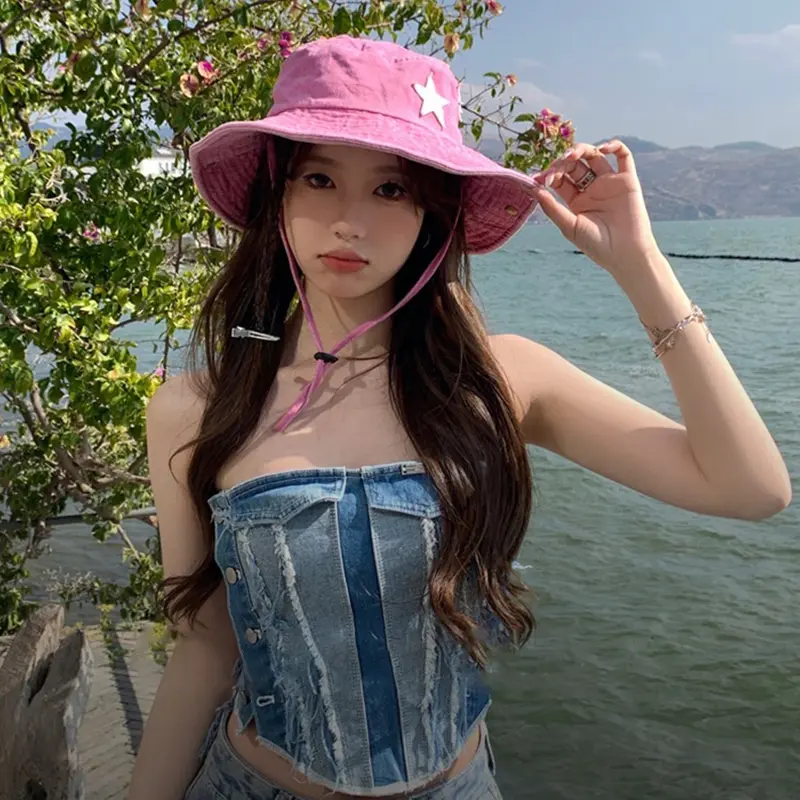 Pink Star Print Western Cowboy Caps for Women Retro Solid Color Sunscreen Fisherman Caps Korean Girl Hip Hop Denim Hats