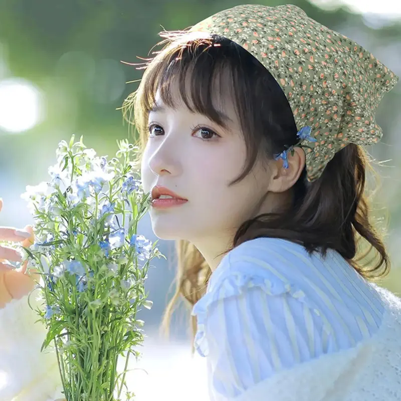 New Floral Print Headscarf for Women Elastic Triangular Headband Korean Girl Hair Accessories Fashion Photography Props