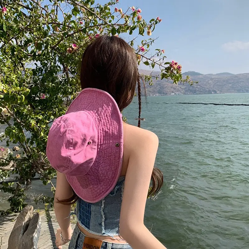 Pink Star Print Western Cowboy Caps for Women Retro Solid Color Sunscreen Fisherman Caps Korean Girl Hip Hop Denim Hats