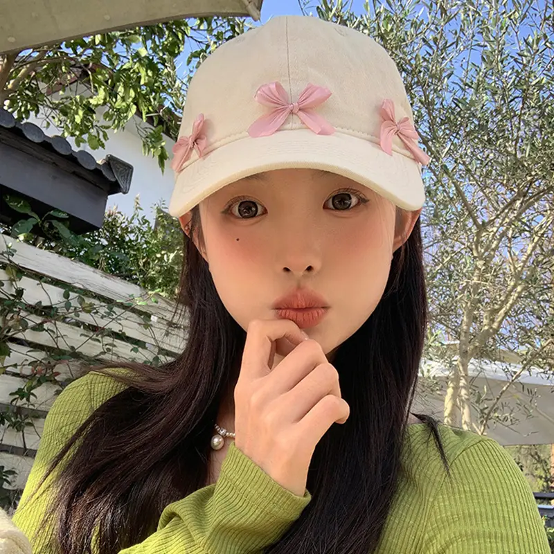 Korean Bow Baseball Caps for Women Spring Summer Soft Cotton Adjustable Peaked Hats Sweet Girl Outdoor Sun Protection Visors