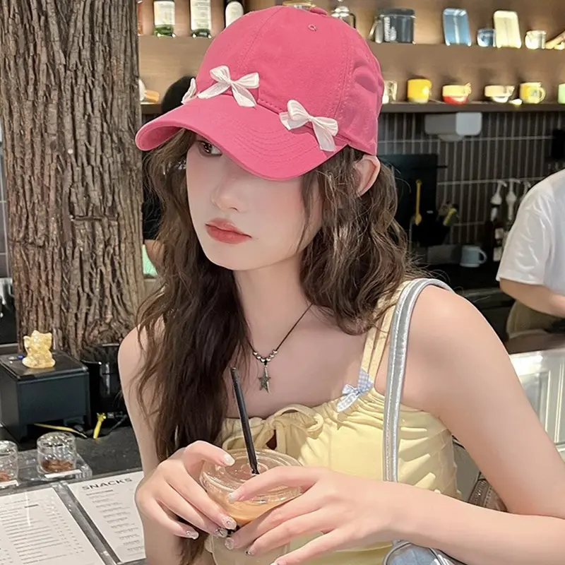 Korean Bow Baseball Caps for Women Spring Summer Soft Cotton Adjustable Peaked Hats Sweet Girl Outdoor Sun Protection Visors