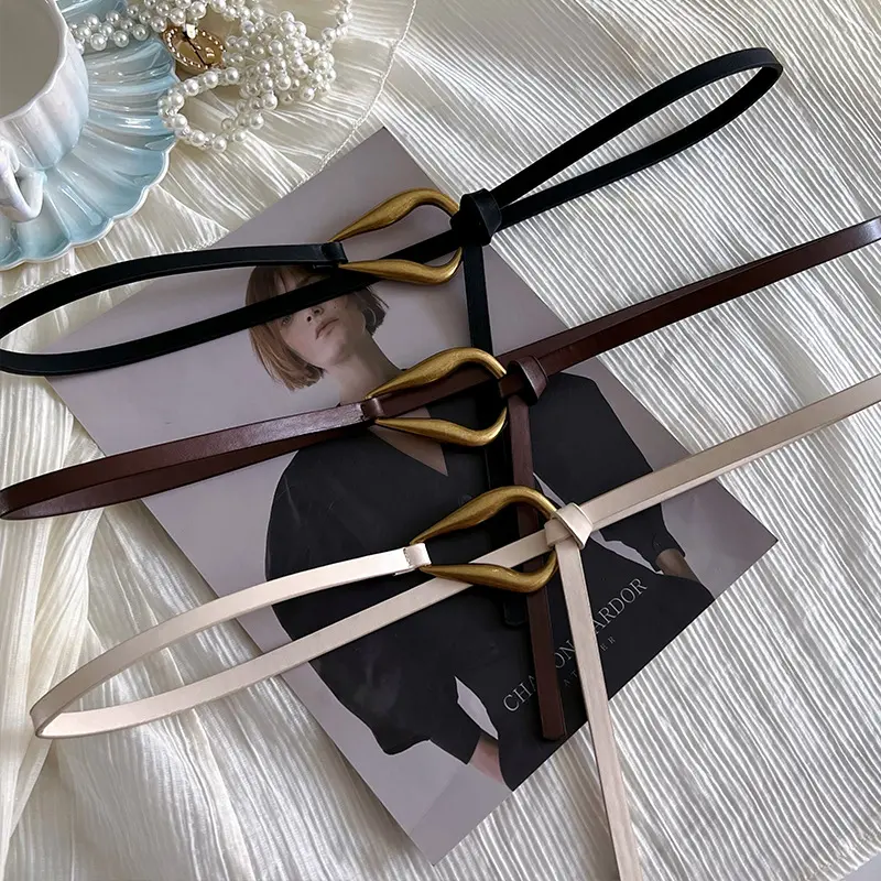 Women Knotted Thin Belts Solid Color PU Leather Metal Buckle Thin Long Waist Belts Lady Girls Dress Coat Decor Waistband