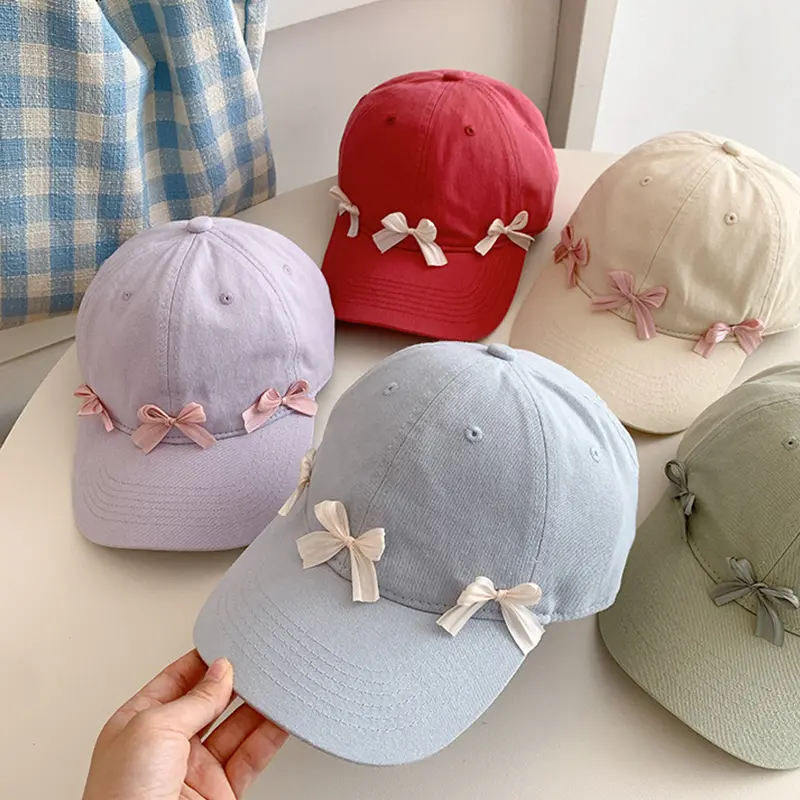 Korean Bow Baseball Caps for Women Spring Summer Soft Cotton Adjustable Peaked Hats Sweet Girl Outdoor Sun Protection Visors