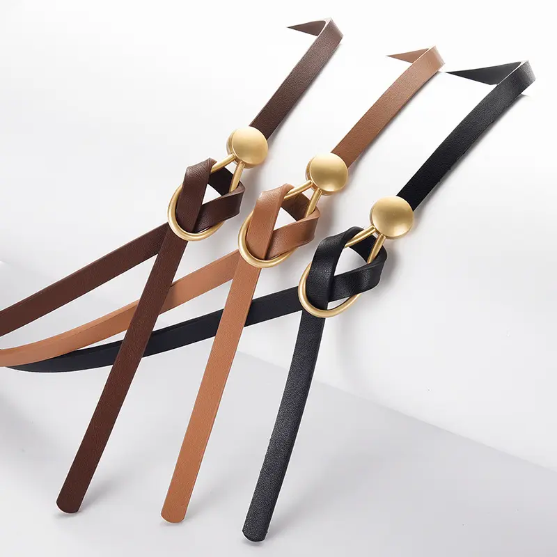 Women Knotted Thin Belts Solid Color PU Leather Metal Buckle Thin Long Waist Belts Lady Girls Dress Coat Decor Waistband