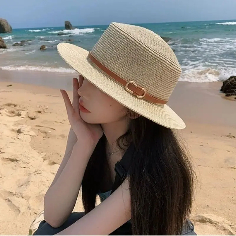 Wide Brim Sunscreen Straw Hats for Women Summer Flat Top Jazz Cowboy Caps Travel Beach Lady Girl Sun Protection Panama Hats