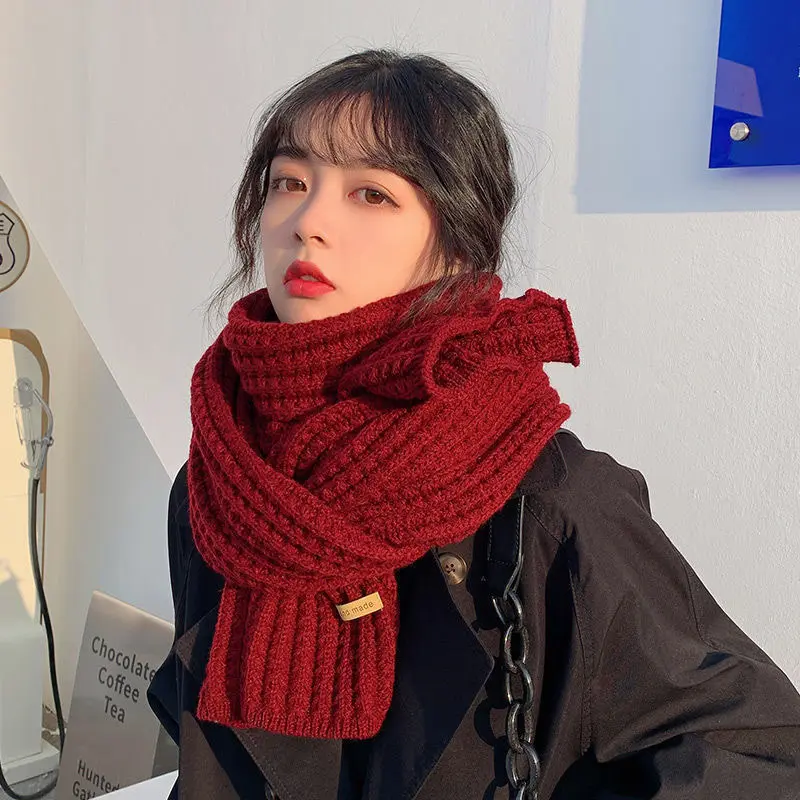 Winter Knitted Scarf for Women Solid Color Crochet Woolen Warm Long Scarves Korean Girl Windproof Neckerchief