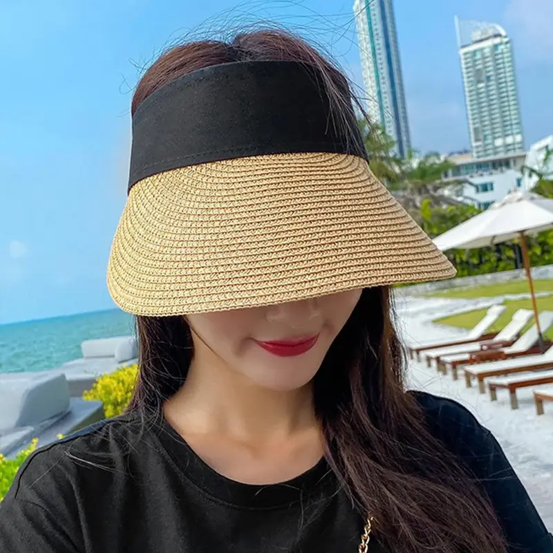 Large Brim Summer Straw Hats for Women Fashion Empty Top Sunshade Caps Travel Beach Girl UV Protection Hats