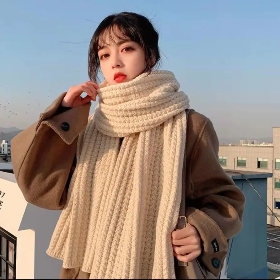 Winter Knitted Scarf for Women Solid Color Crochet Woolen Warm Long Scarves Korean Girl Windproof Neckerchief