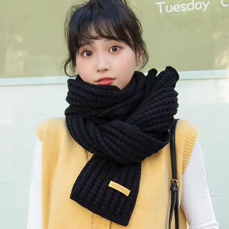 Winter Knitted Scarf for Women Solid Color Crochet Woolen Warm Long Scarves Korean Girl Windproof Neckerchief