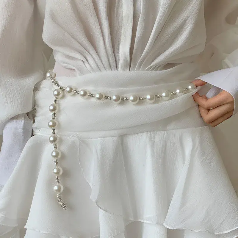 Shiny Rhinestone Pearl Waist Chain for Women Elegant Adjustable Long Body Chain Belts Dress Coat Decor Straps Fashion Accessory