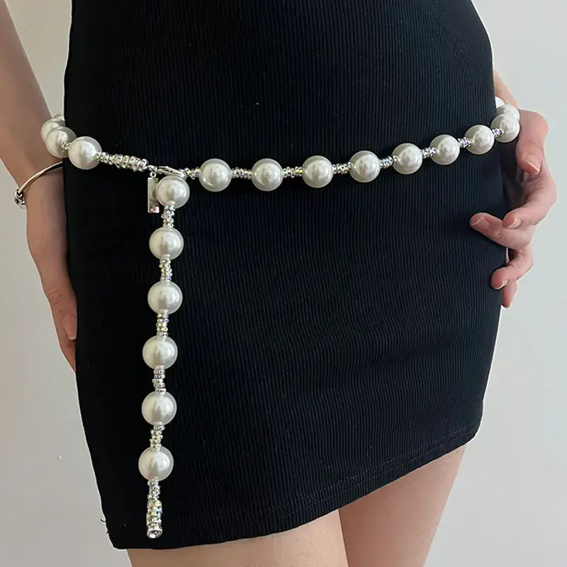 Shiny Rhinestone Pearl Waist Chain for Women Elegant Adjustable Long Body Chain Belts Dress Coat Decor Straps Fashion Accessory