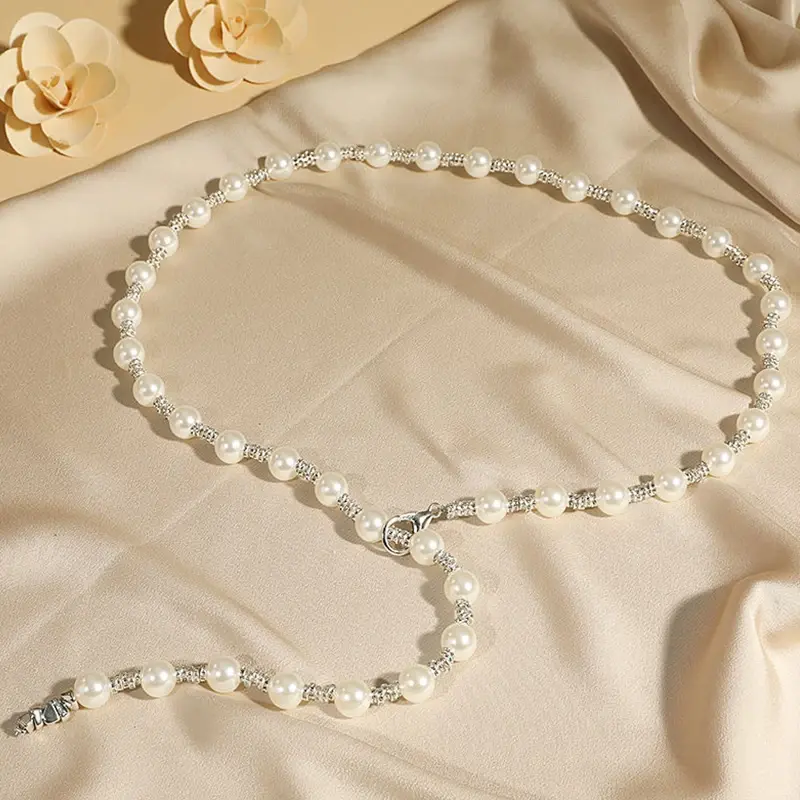 Shiny Rhinestone Pearl Waist Chain for Women Elegant Adjustable Long Body Chain Belts Dress Coat Decor Straps Fashion Accessory