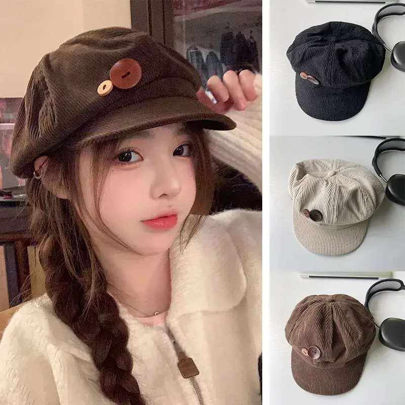 Retro Button Beret Hats for Women Corduroy Fleece Spring Autumn Warm Octagonal Newsboy Caps Japanese Girl Artist Painter Caps