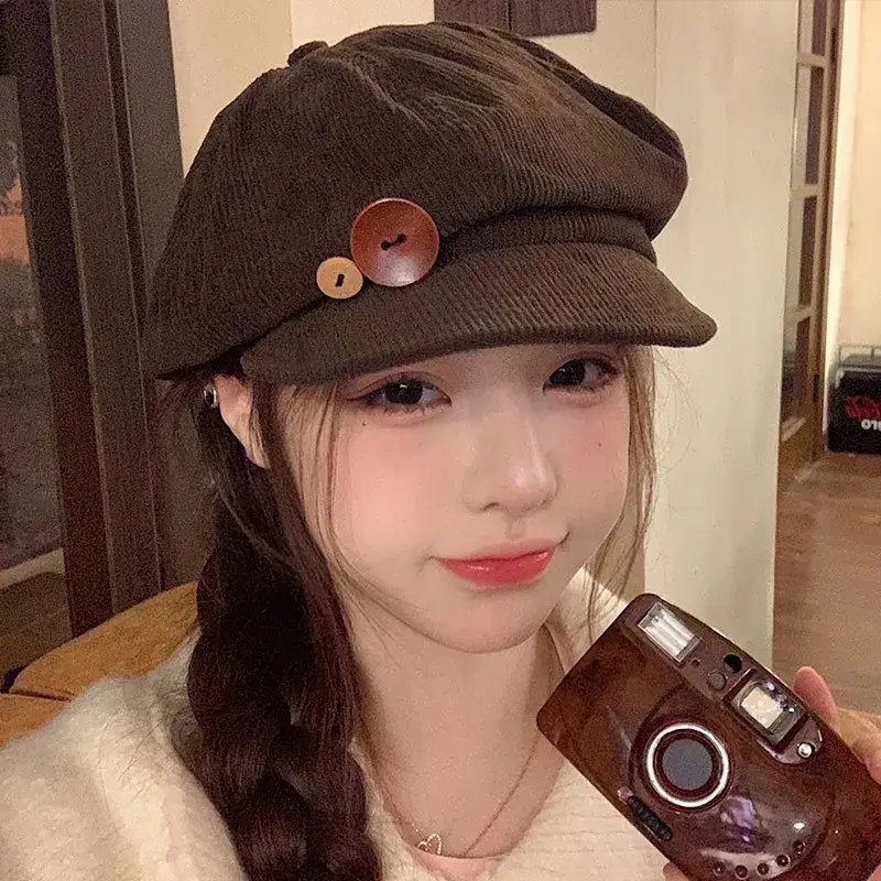 Retro Button Beret Hats for Women Corduroy Fleece Spring Autumn Warm Octagonal Newsboy Caps Japanese Girl Artist Painter Caps