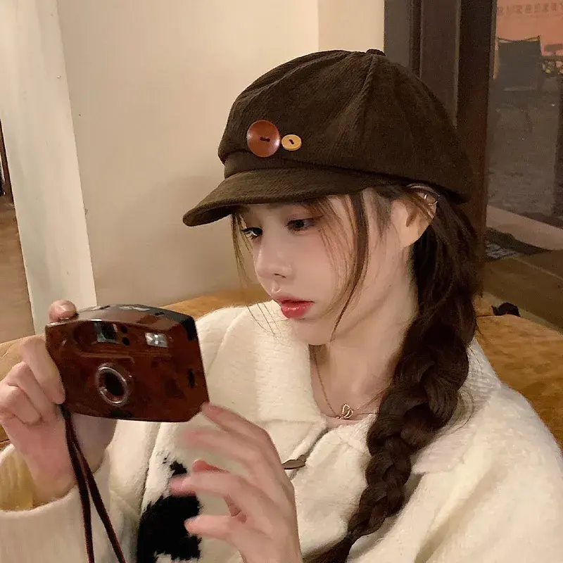 Retro Button Beret Hats for Women Corduroy Fleece Spring Autumn Warm Octagonal Newsboy Caps Japanese Girl Artist Painter Caps