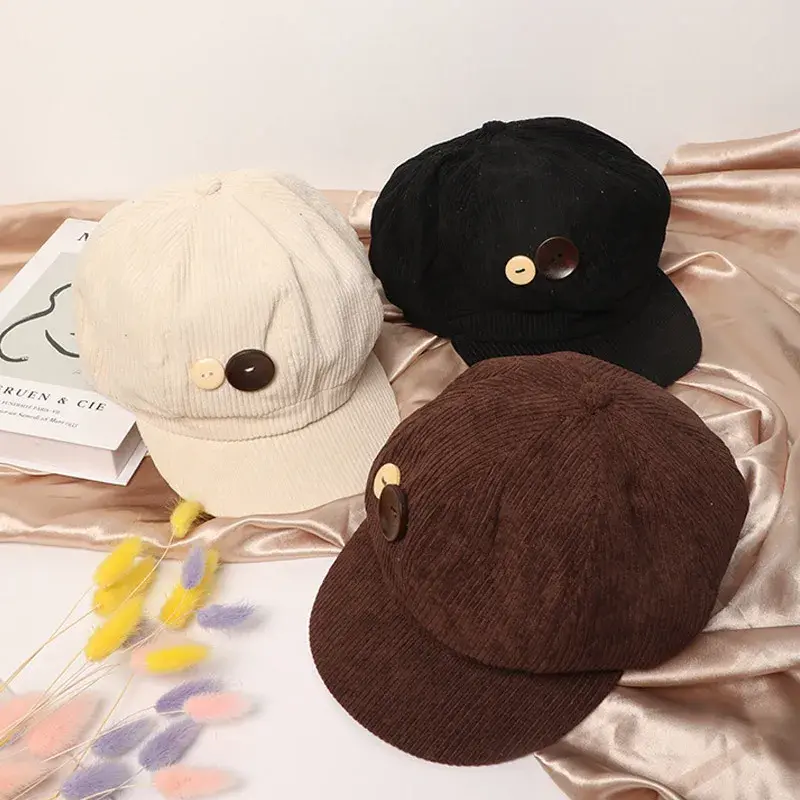 Retro Button Beret Hats for Women Corduroy Fleece Spring Autumn Warm Octagonal Newsboy Caps Japanese Girl Artist Painter Caps