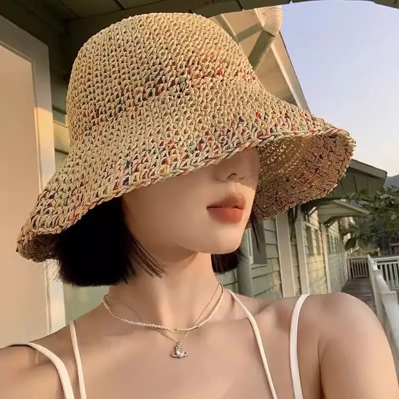 Handwoven Rainbow Straw Hats for Women Korean Summer Breathable Panama Fisherman Caps Wide Brim Girl Beach Sunscreen Basin Caps