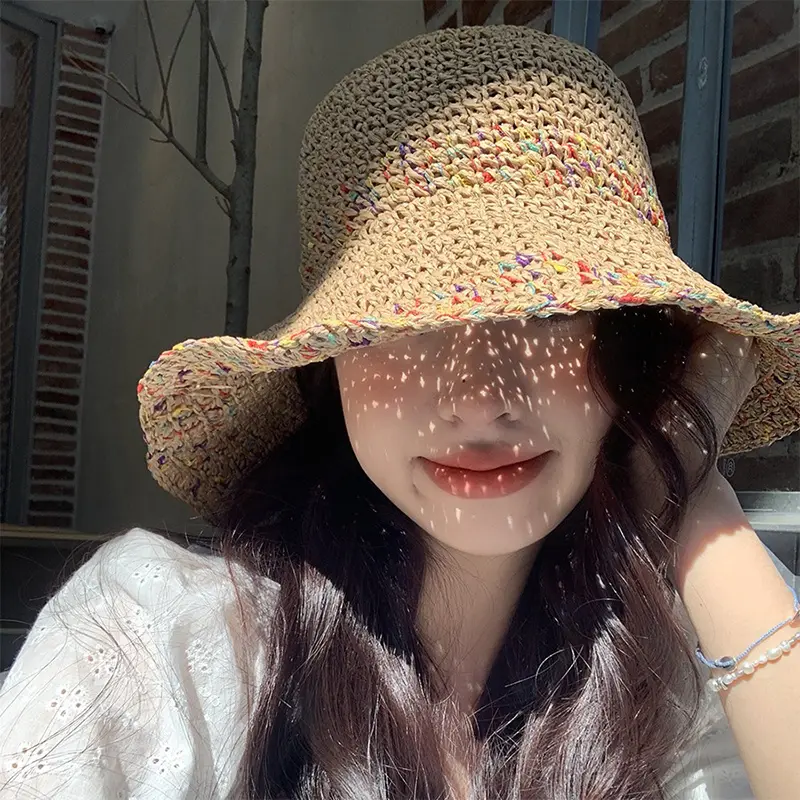 Handwoven Rainbow Straw Hats for Women Korean Summer Breathable Panama Fisherman Caps Wide Brim Girl Beach Sunscreen Basin Caps