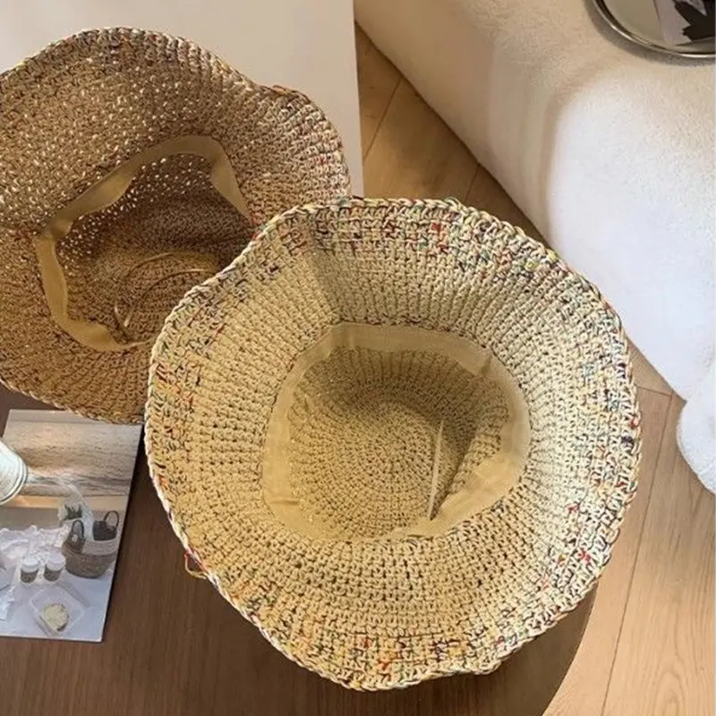 Handwoven Rainbow Straw Hats for Women Korean Summer Breathable Panama Fisherman Caps Wide Brim Girl Beach Sunscreen Basin Caps