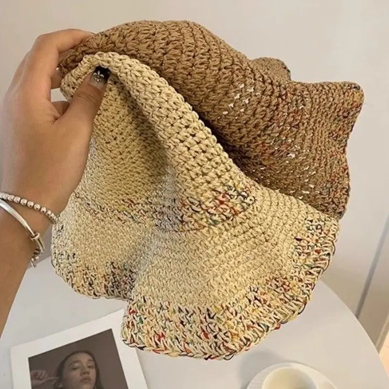 Handwoven Rainbow Straw Hats for Women Korean Summer Breathable Panama Fisherman Caps Wide Brim Girl Beach Sunscreen Basin Caps