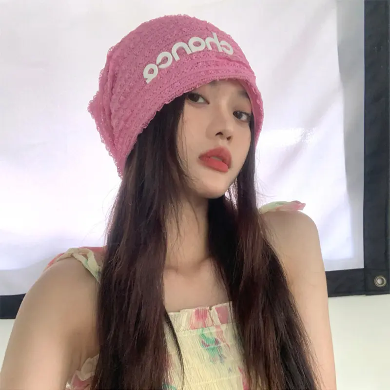 Rose Red Loose Beanies for Women Fashion Japanese Streetwear Letter Hip Hop Hats Spring Autumn Thin Elastic Skullies Caps