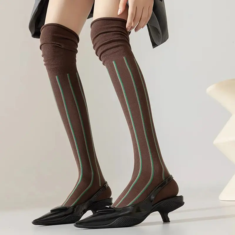 Fashion Vertical Stripe Stockings for Women Autumn Winter Color Block Loose Long Socks Girl Tight Calf Socks