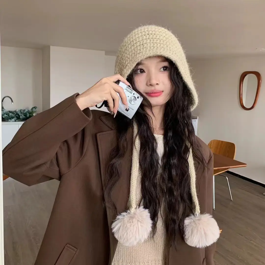 Winter Knitted Woolen Ear Protection Hats for Women Cute Pompom Warm Bomber Hats Outdoor Girl Windproof Bonnet Caps