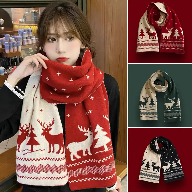 Winter Christmas Scarf Women Thick Warm Knitted Neckerchief Cute Elk Deer Print Long Scarves Neck Cover Female Christmas Gifts