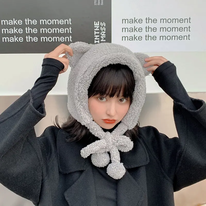 Winter Polar Fleece Hat Women Cute Cartoon Bear Ear Protection Cap Female Solid Color Thicken Plush Earflap Bonnet Hats
