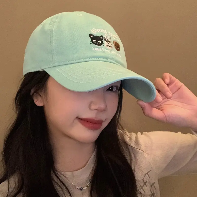 Cartoon Cat Embroidery Women Baseball Caps Korean Solid Color Cotton Duck Tongue Caps Wide Brim Outdoor Sunshade Peaked Hats