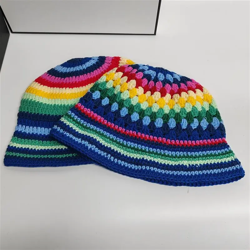 Women Hand Crochet Striped Contrast Fisherman Hat Blue Diamond Basin Rainbow Knit Fashion Bucket Hat