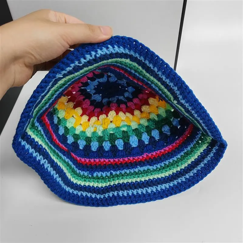 Women Hand Crochet Striped Contrast Fisherman Hat Blue Diamond Basin Rainbow Knit Fashion Bucket Hat