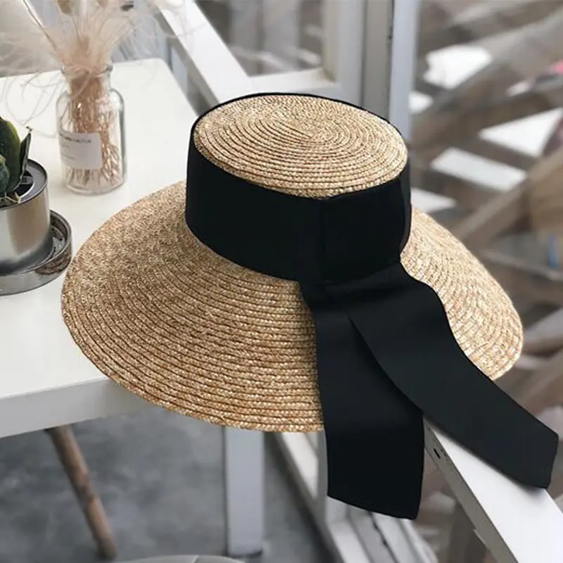 European American Style Wide Bow Tie Ribbon Flat Top Large Brim Straw Hat Sun Protection Big Natural Wheat Straw Hat