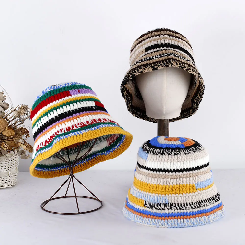 Autumn Winter Colored Handmade Striped Knitted Bucket Hats Versatile Crochet Thick Women Fisherman Hats