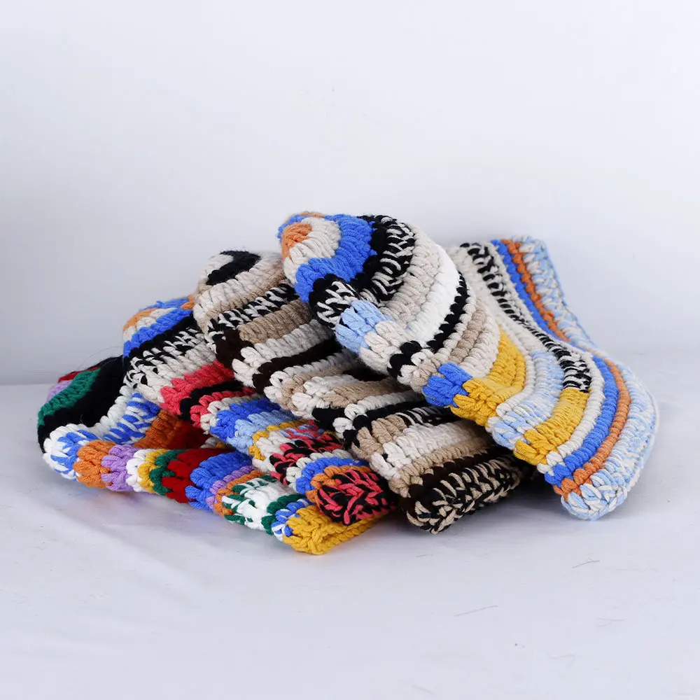 Autumn Winter Colored Handmade Striped Knitted Bucket Hats Versatile Crochet Thick Women Fisherman Hats