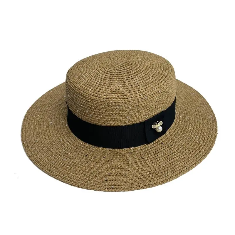Ladies Sun Boater Flat Hats Small Bee Sequins Straw Hat Retro Gold Braided Hat Female Sunshade Shine Flat Cap RH