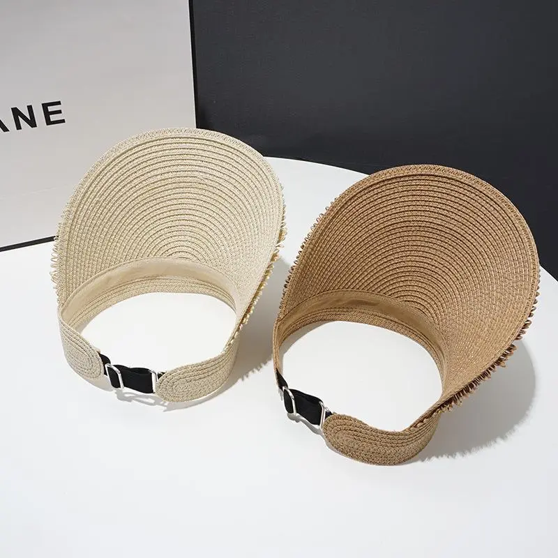 RH Spring Summer New Fashion Visor Straw Hat Female Tassels Design Empty Top Outdoor Women Sun Caps