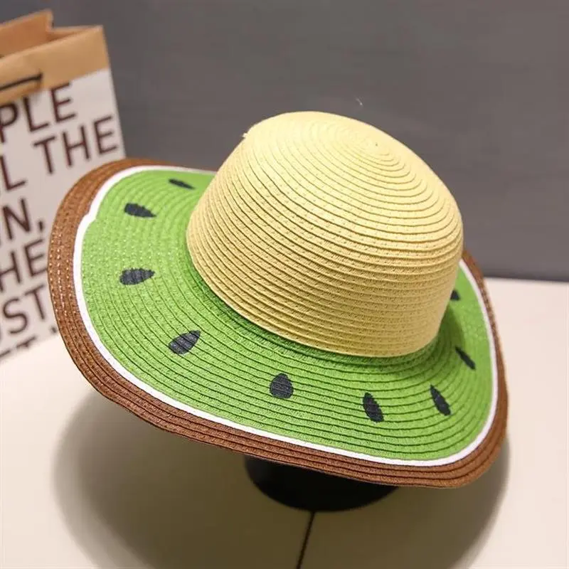 Parent Child Fruit Watermelon Orange Paint Cartoon Sun Girl Mother Kids Round Floppy Straw Hat