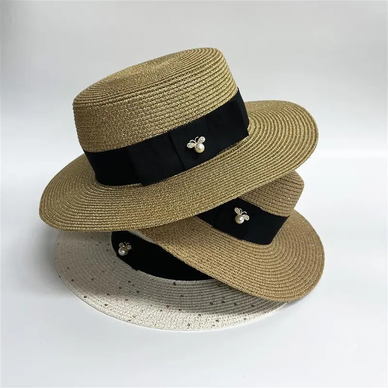 Ladies Sun Boater Flat Hats Small Bee Sequins Straw Hat Retro Gold Braided Hat Female Sunshade Shine Flat Cap RH