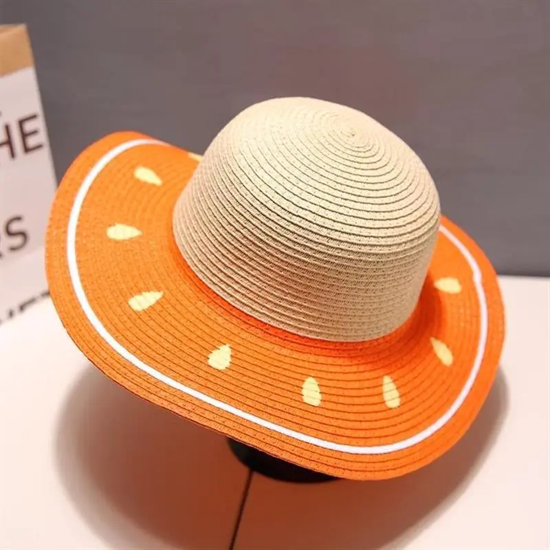 Parent Child Fruit Watermelon Orange Paint Cartoon Sun Girl Mother Kids Round Floppy Straw Hat