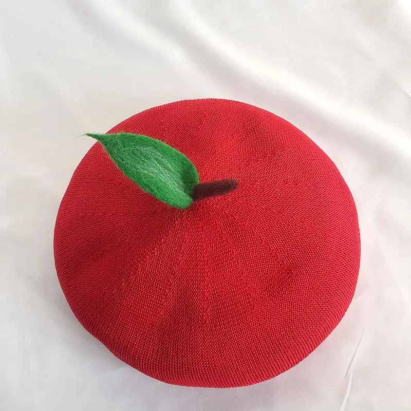 Adult Red Apple Spring Auntumn Breathable Knit Beret Fruit Painter Hat Female Bonnet ﻿Creative Gift