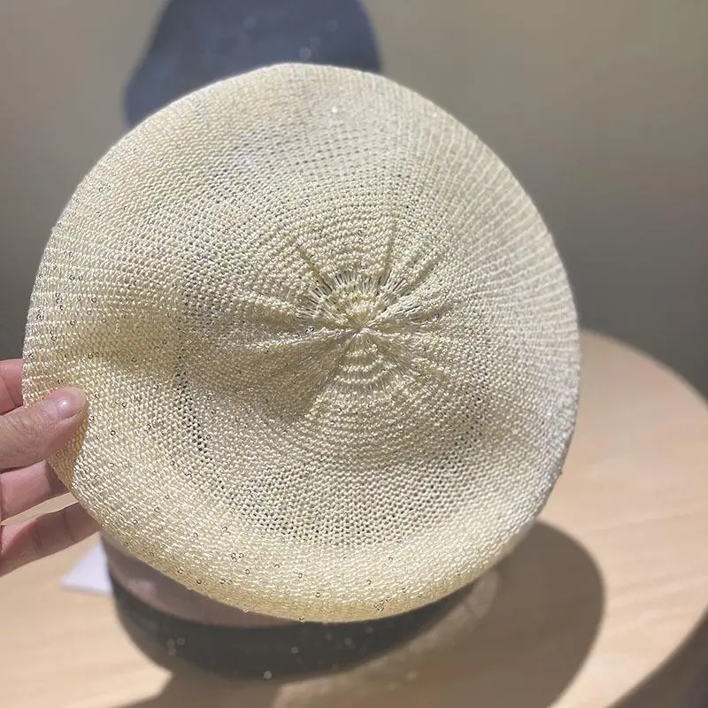 Female Silver Gold Sequins Hollowed Out Adjustable Berets Round Street Summer Breathable Style Beret Cap