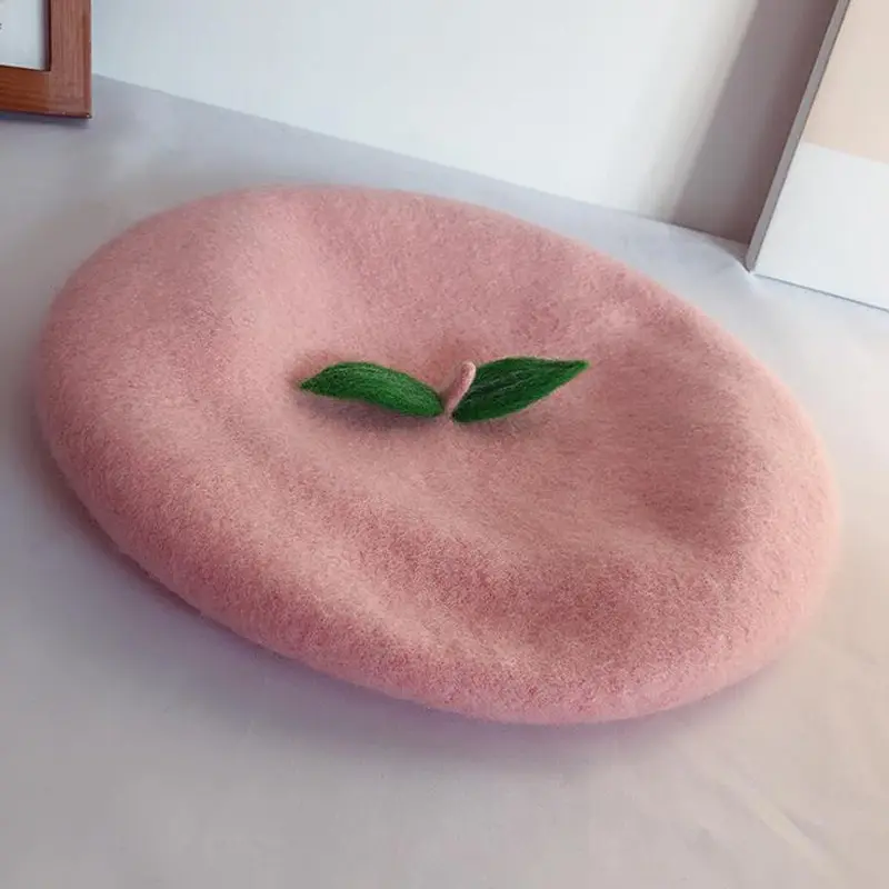 Handmade Pink Peach Fruit Women Girls French Beret Autumn Winter Fashion Green Leaves Wool Felt Cute Berets