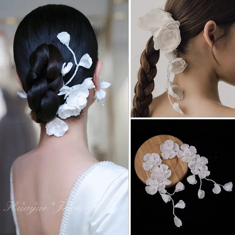 Elegant Flower Hair Clip White Silk Flower Bridal Hair Accessory Handmade Tassel Pearl Hair Clip For Women Girls Exquisite Clips