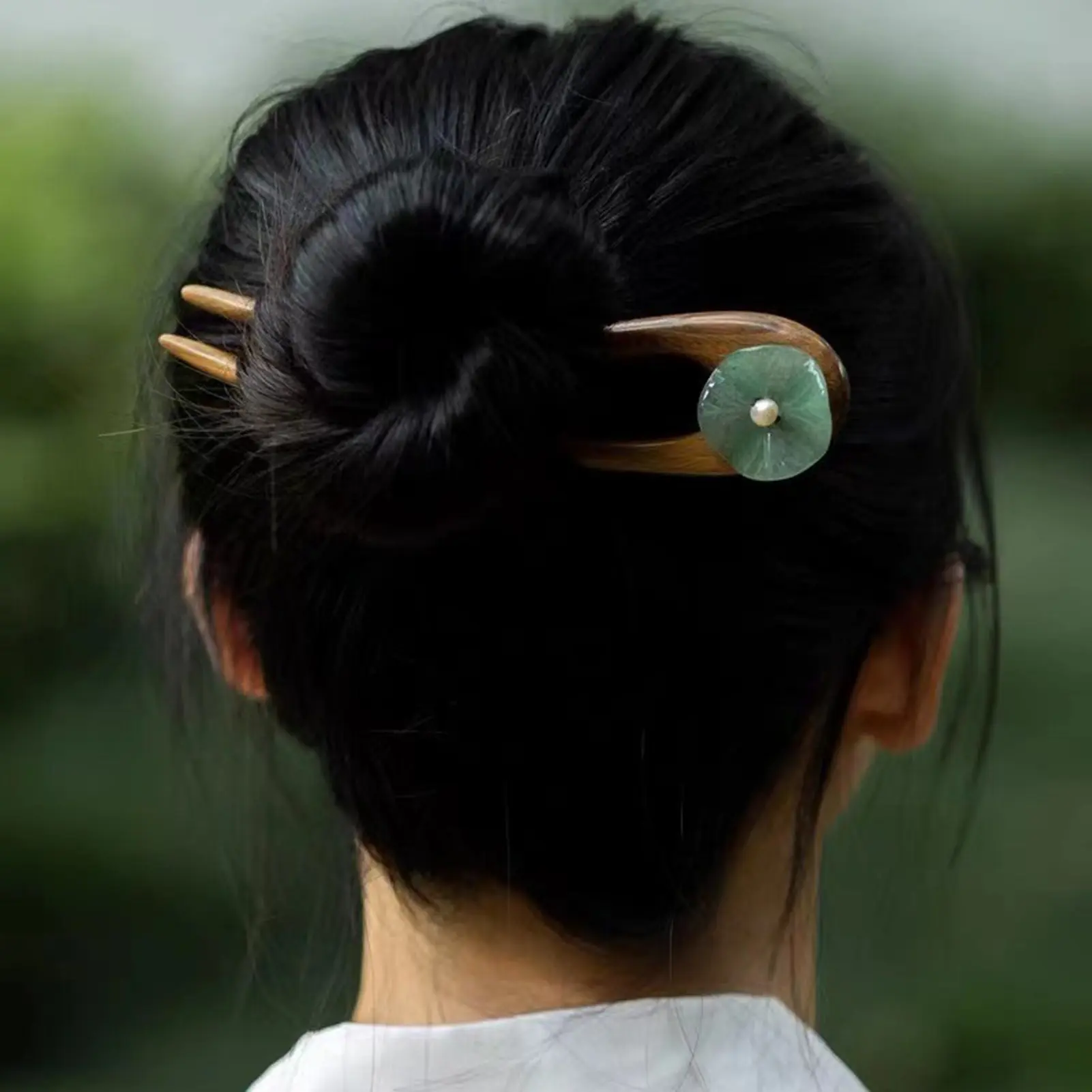 U Shape Simple Women's Hairpin New Chinese Style Jade Lotus Leaf Wooden Hair Stick Elegant Vintage Hanfu Hair Accessories