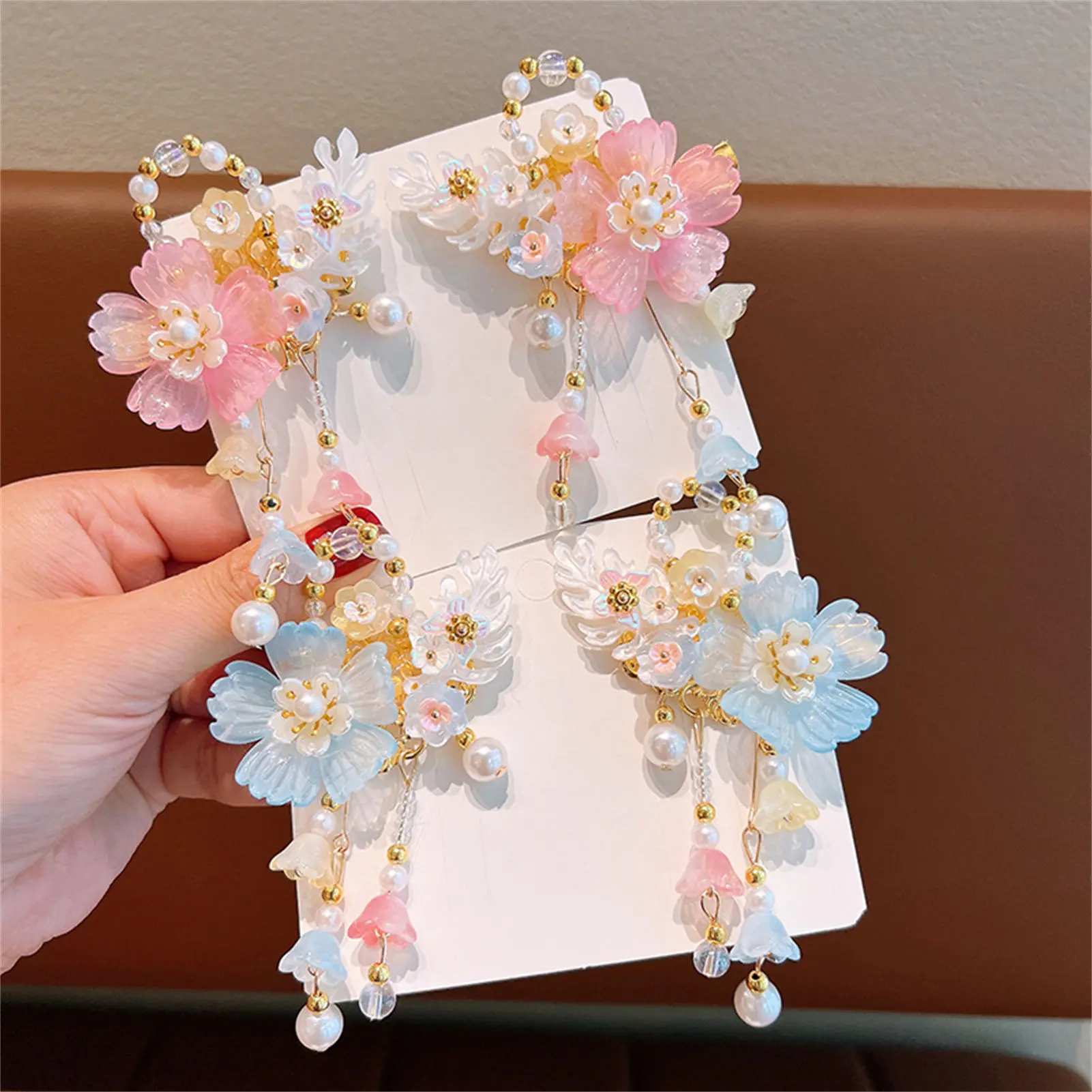 Ancient Vintage Tassel Hairpin Chinese Style Glass Colored Flower Hair Clip For Women Girls Elegant Hanfu Jewelry Hair Accessory