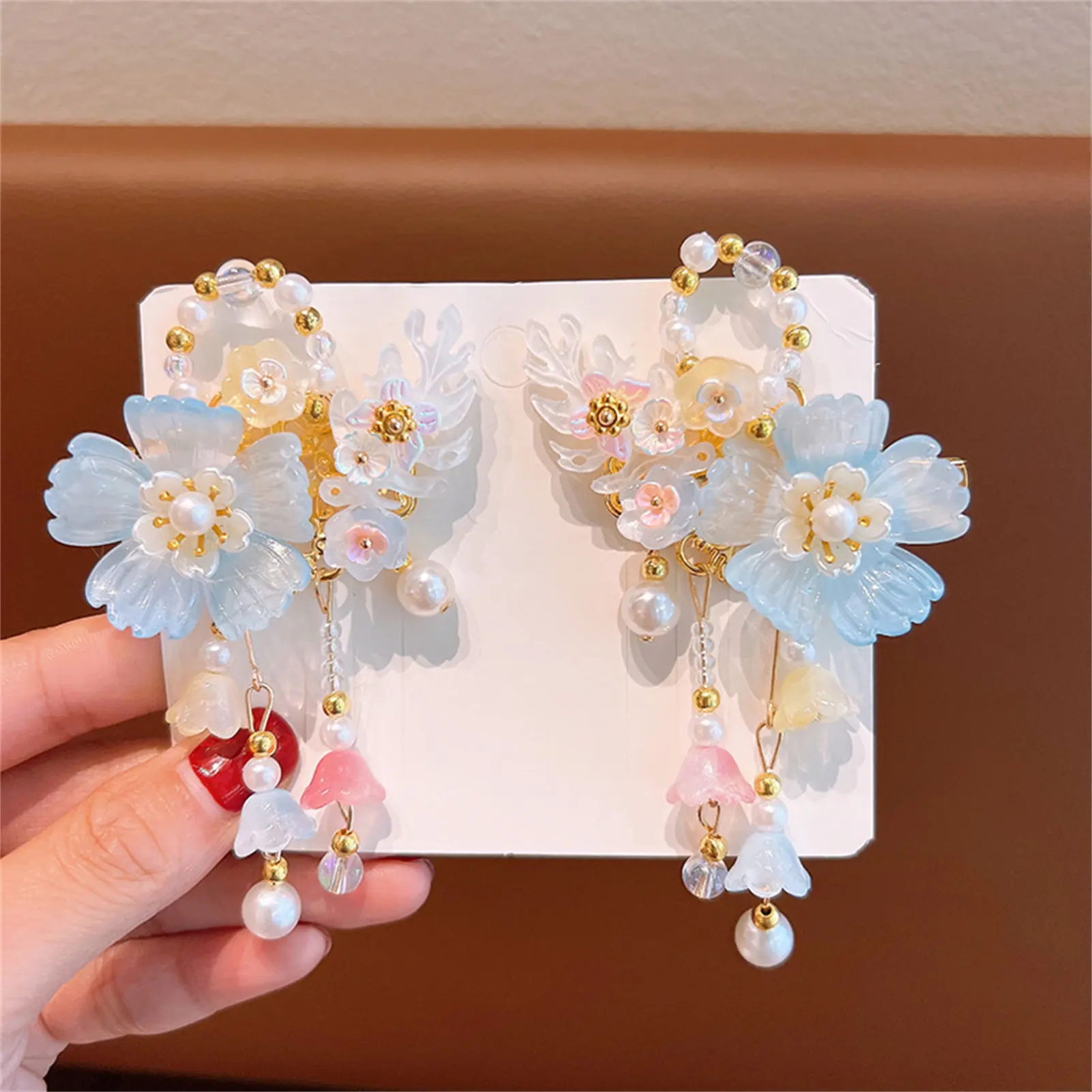 Ancient Vintage Tassel Hairpin Chinese Style Glass Colored Flower Hair Clip For Women Girls Elegant Hanfu Jewelry Hair Accessory