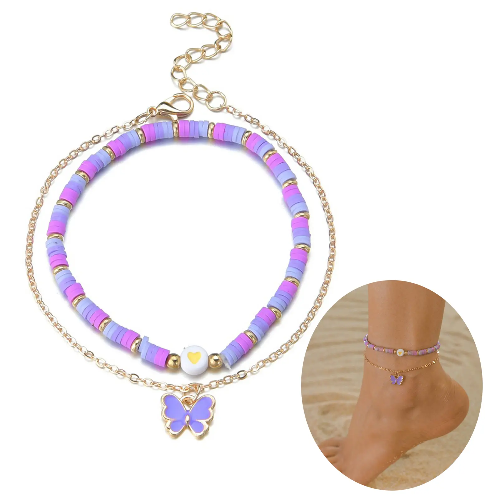 2pcs Girls Anklets Trendy Purple Bead String Butterfly Foot Chain For Women Summer Beach Leg Decoration Chain Jewelry Accessory